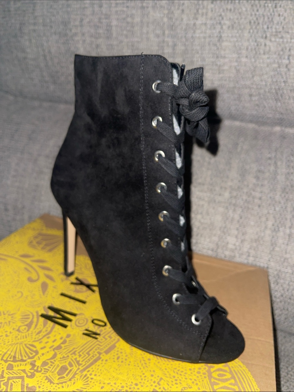 XOXO Black Lace-Up Peep Toe Heeled Ankle Boot